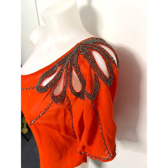 Camille La Vie One Shoulder Orange Blouse Draped Beaded Top Women Size Large - Picture 5 of 9
